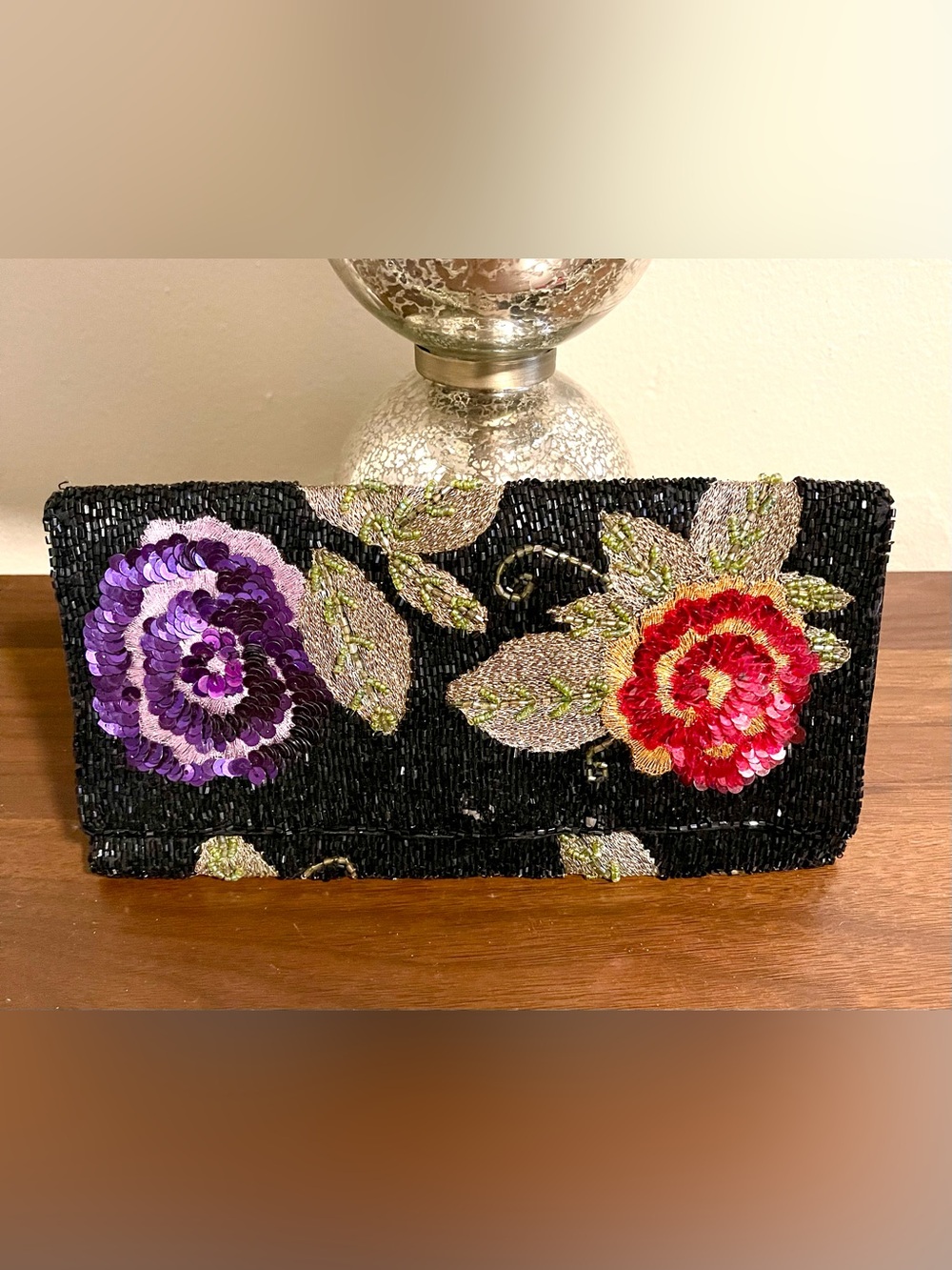 Accessorize Black Sequin Beaded Olivia Clutch with Purple and Red Flowers